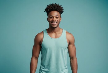 A cheerful athletic man in a light green tank top, his demeanor is friendly and inviting. - obrazy, fototapety, plakaty