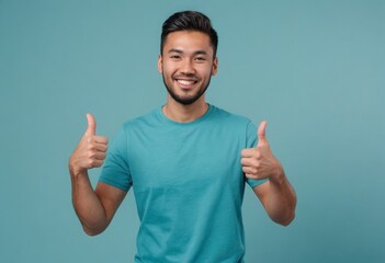 An enthusiastic young man in a turquoise t-shirt giving thumbs up with a bright smile. - obrazy, fototapety, plakaty