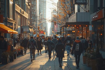 Experience the hustle and bustle of an urban morning as a chaotic intersection fills with a swarm of people crossing the street, cars honking impatiently, and traffic lights changing rapidly - obrazy, fototapety, plakaty