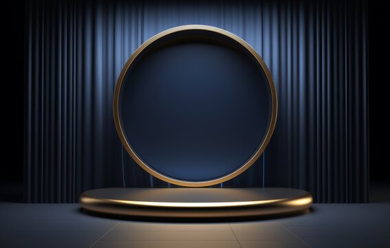 Black stage with blue curtains and pedestal background For product display montage