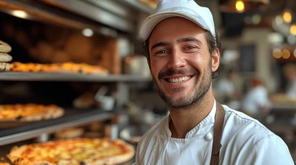 Deurstickers Food concept. A happy professional chef presents freshly prepared pizza from the oven © Vasiliy