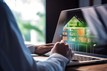 An individual uses a laptop equipped with a virtual energy efficiency rating indicator to audit the rate labels of energy-efficient houses. generative ai - obrazy, fototapety, plakaty