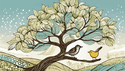 Hand drawn vector illustration with a tree with a bird