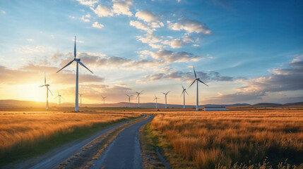 Sunset over wind farm with majestic windmills amidst golden fields, concept of clean energy and sustainability