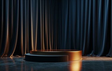 Black stage with blue curtains and pedestal background For product display montage