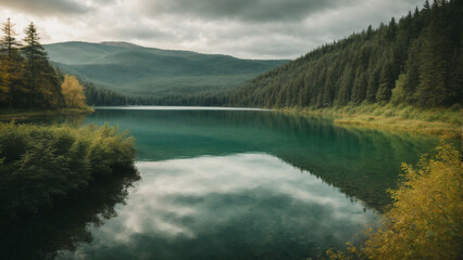 Obraz premium Lake surrounded by forest, outdoor landscape. Contrasting colors.