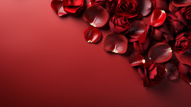 Colorful abstract background with red rose petals and red background.