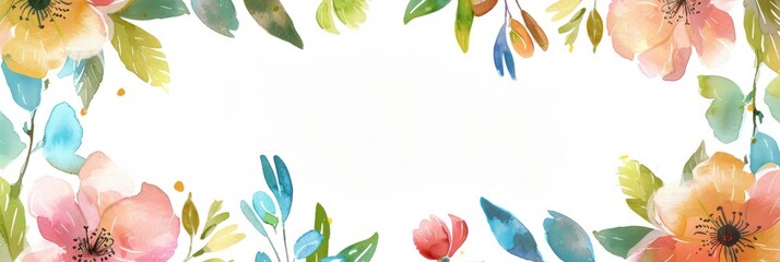 Watercolor illustration of a frame of spring flowers, inside there is empty space for text, copy space, spring banner