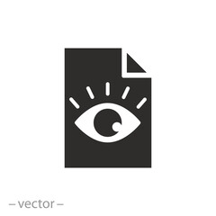 view detail in paper documents icon, eye sees document, familiarize with conditions, flat symbol on white background - vector illustration