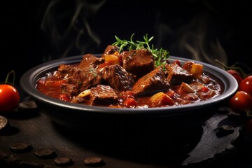 Macro detail close-up photography of a delicious goulash on a metal tray against a leather background. AI Generation