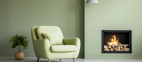 A modern contemporary light green chair sits near a fireplace in a cozy living room. A floor lamp and coffee table complete the comfortable setting.