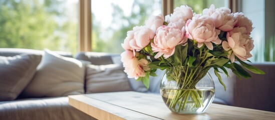A vase filled with pink flowers sits on top of a wooden table in a cozy home interior. The sunlight illuminates the delicate petals, creating a serene atmosphere.