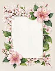 A frame surrounded by pink cherry blossoms and green leaves. Wedding invitation. Greetings, Thank you card. Floral banner, poster, background.