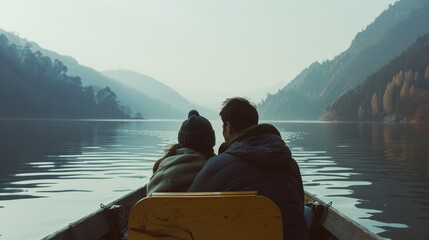 A couple on a romantic boat ride in a serene lake