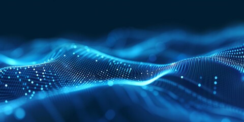 Abstract waves from particles and lines of blue futuristic beautiful flying glowing magical energy with blur effect. Abstract blue background.