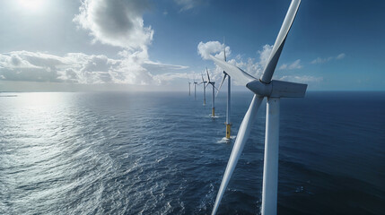 Offshore wind farm in ocean landscape, sustainable green energy source