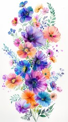 Watercolor illustration of colorful spring flowers, spring background