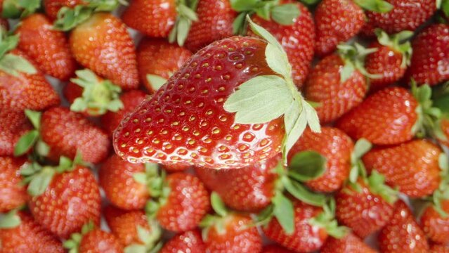 Blurred image, slow focus on rotating Strawberry, background of berries.