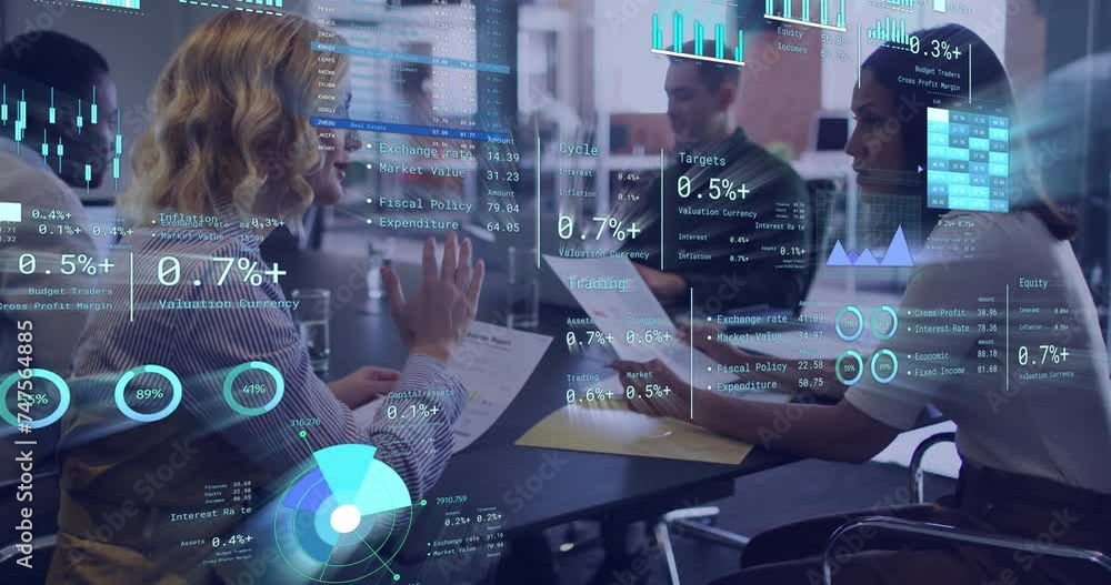 Poster animation of diagrams and data processing over diverse colleagues discussing work in office
