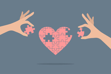 A puzzle heart and two hands putting missing puzzle pieces into it. Flat vector illustration