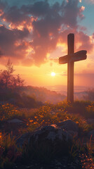 cross on a hill, sunset sky, Christian symbols - obrazy, fototapety, plakaty