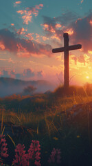 cross on a hill, sunset sky, Christian symbols