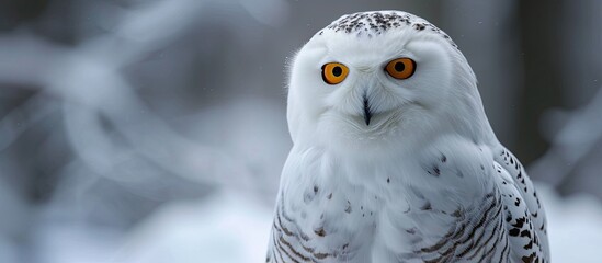 A stunning snowy owl with pristine white feathers and vibrant orange eyes stands proudly in the snowy landscape.