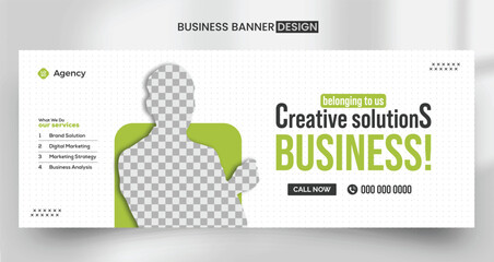 Professional corporate business digital marketing agency facebook cover banner template with photo place modern layout with clean white background and abstract shapes and text vector design