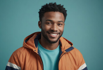 A cheerful man in a jacket over a teal t-shirt smiling warmly at the camera. His outfit suggests a casual yet stylish demeanor. - obrazy, fototapety, plakaty