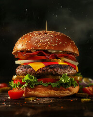 Fresh and tasty XXL hamburger on the black background