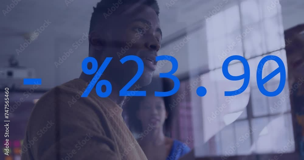Poster animation of data processing over diverse colleagues discussing work in office