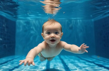 Underwater funny photo of a five month old baby in the pool, playing with fun jumping and diving deep down, learning to swim