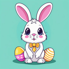 Obraz premium Colorful illustration of a cute Easter bunny holding a vivid chocolate Easter egg isolated on a solid color background.