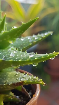 A close up of a green aloe vera plant with water drops on the leaves, displaying beautiful macro photography of this terrestrial houseplant, cosmetic concept