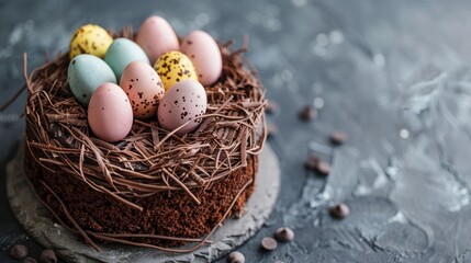 A Chocolate easter cake with a nest of edible eggs. - obrazy, fototapety, plakaty