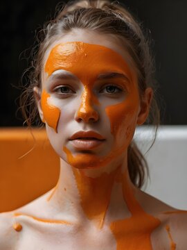 Close-up of a woman with orange paint on her face. Generative AI