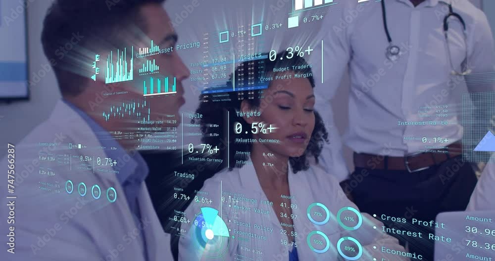 Poster animation of diagrams and data processing over diverse doctors discussing work