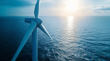 Ocean wind farm at sunset, Close-up of windmill blades. Renewable energy source landscape