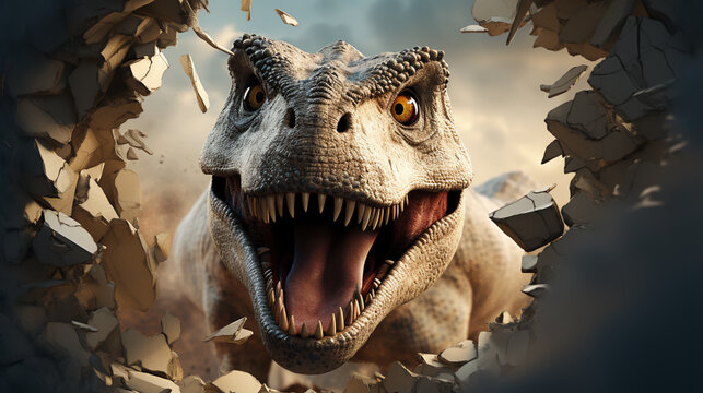 Close up dinosaur through the brick wall with copy space for text