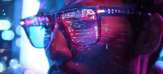 Close-up of Young Man with Smart Glasses Reflecting Code