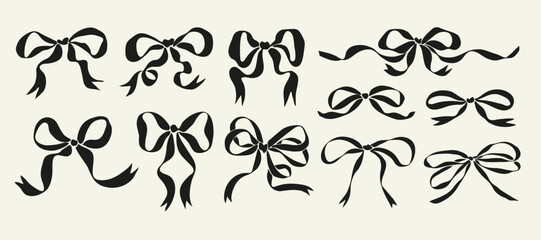 Collection of various Decorative black bow. Wedding celebration, holiday, party decoration, gift, present concept
