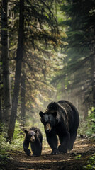 Mother Bear and Cub Walking Through Misty Forest Path