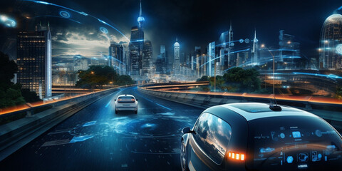 Autonomous vehicles on smart highways future, Smart city Futuristic cityscape with light trails connect with wave line creative design, big data connection technology concept, Digital skyline, AI
 - obrazy, fototapety, plakaty