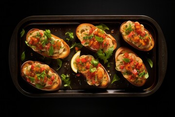 Top view of a tasty bruschetta on a metal tray against a leather background. AI Generation