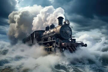 Lost locomotive: a symbol of isolation and adventure on the open sea - obrazy, fototapety, plakaty