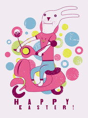 Happy Easter! Typographical grunge Easter greeting card with funny cartoon  rabbit on scooter. Retro vector illustration.