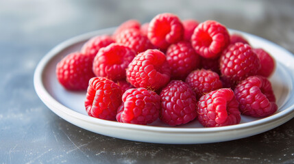 Fresh raspberries in a white plate 