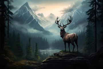 Fotobehang a deer standing on a rock with mountains and trees © Andrei
