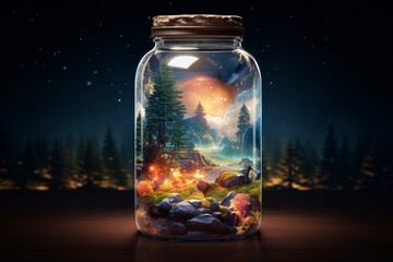 a glass jar with a landscape inside - obrazy, fototapety, plakaty