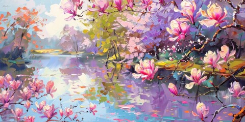 Obraz na płótnie Canvas a painting of magnolia trees and flowers Generative AI